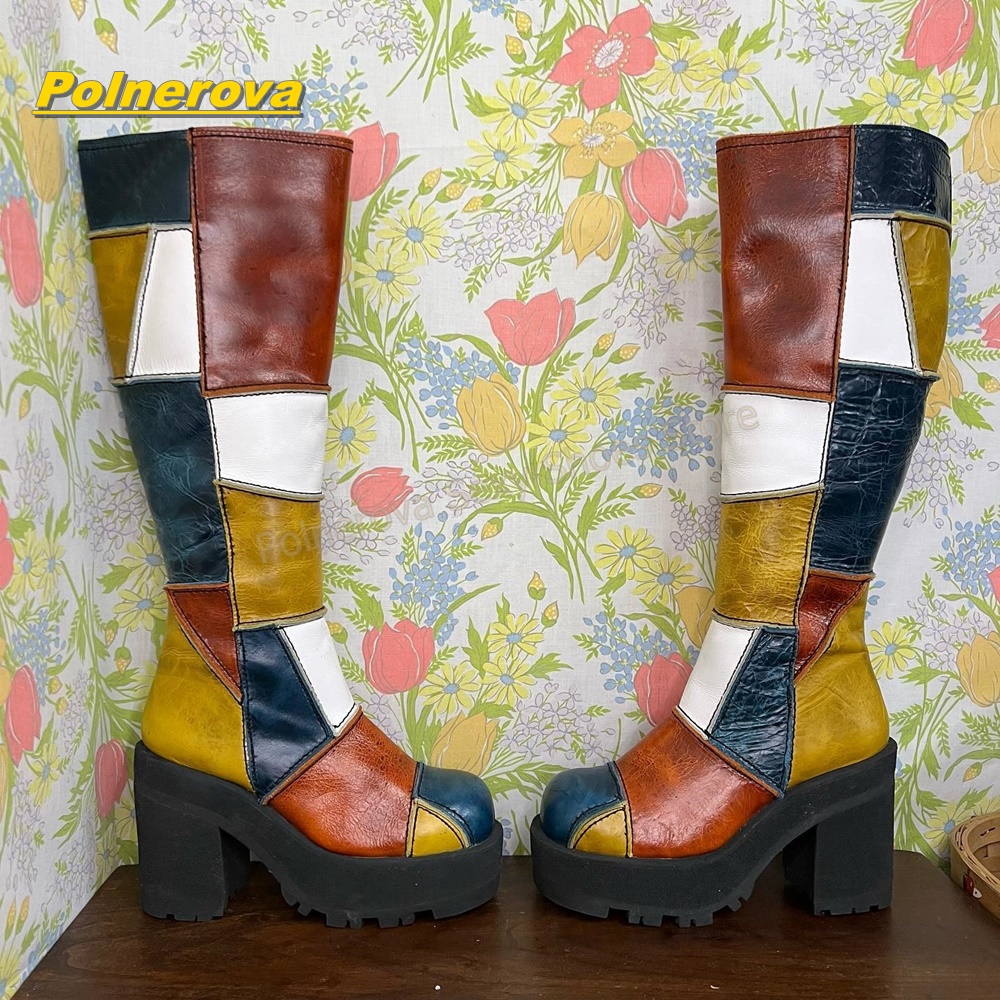 Vintage Y2K - Women Retro Patchwork Leather Knee High