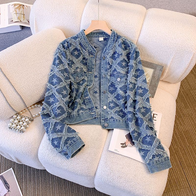 Patchwork Jean Jacket - Coat Women Denim Coats Round Neck