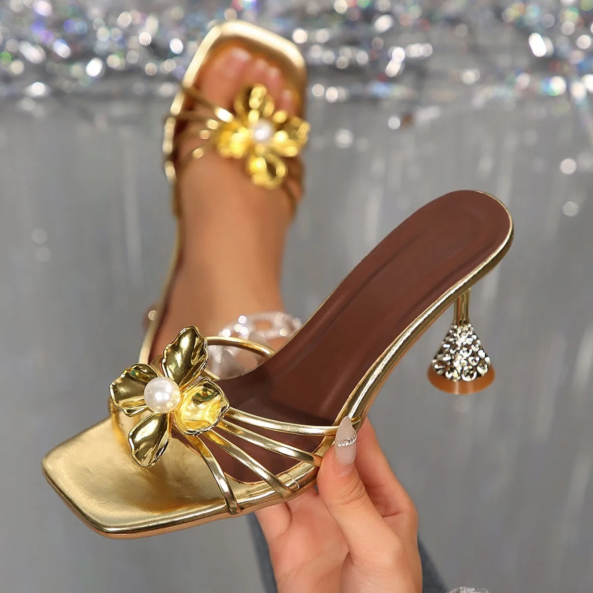 Vintage Fashion Dress - Vintage Metal Flower Crystal Cone Heel