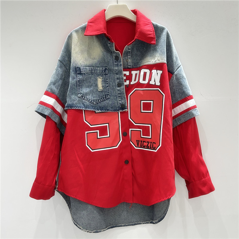 Patchwork Jean Jacket - Retro Woman Denim Patchwork Shirt Jacket