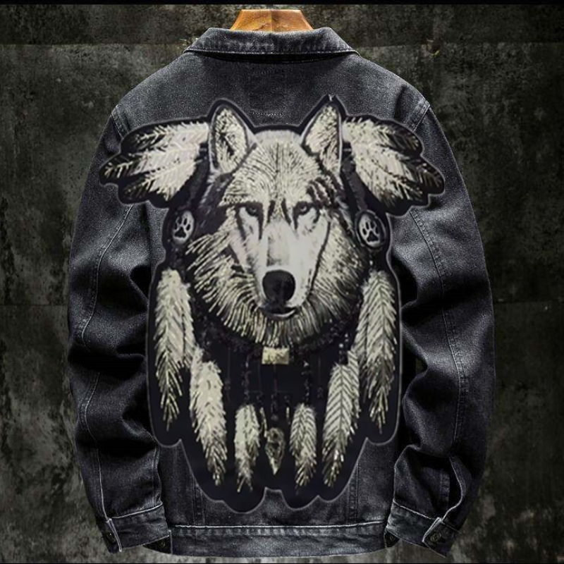 Patchwork Jean Jacket - America Vintage Heavy Wolf Embroidered Patch