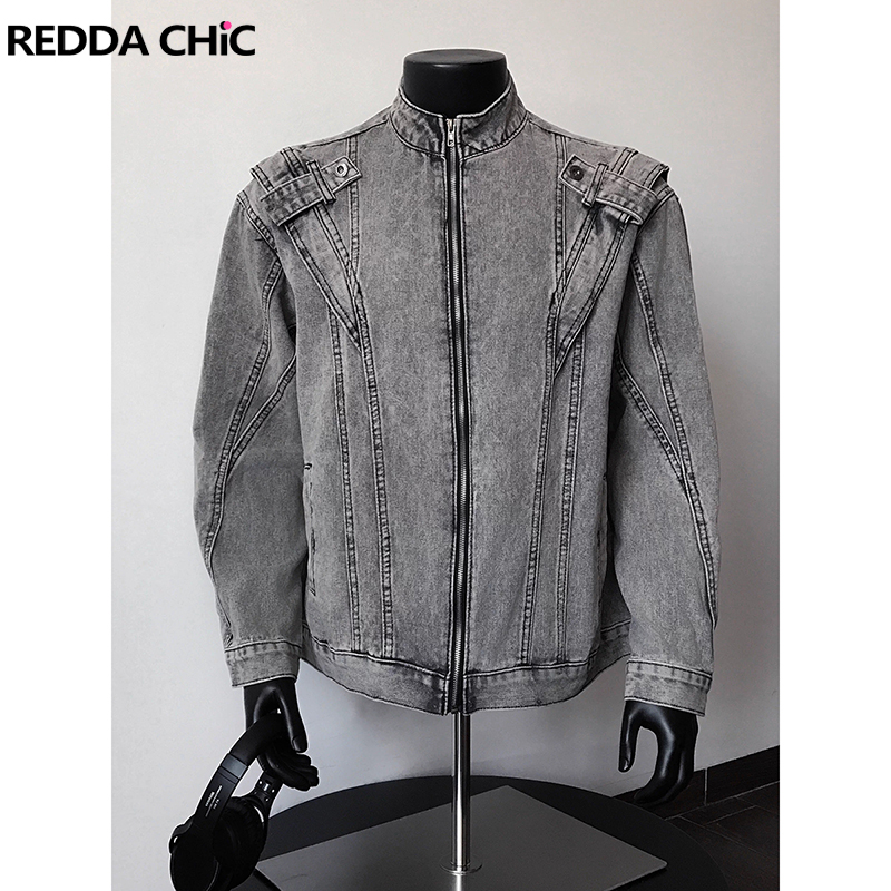 Patchwork Jean Jacket - ReddaChic 2000s Distressed Men's Denim Bomber