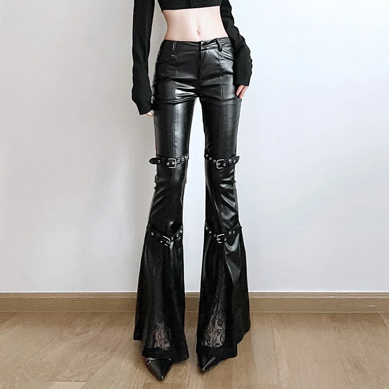 Vintage Y2K - Women's PU Leather Flare Pants, Gothic